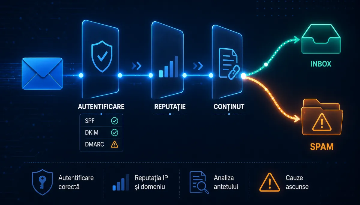 Traseul unui email legitim: trece prin verificările de autentificare, reputație și conținut, apoi ajunge fie în Inbox, fie în folderul Spam